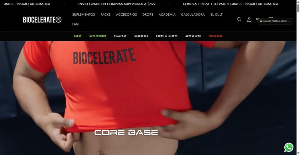 Sitio de Biocelerate: tienda en línea de streetwear y suplementos