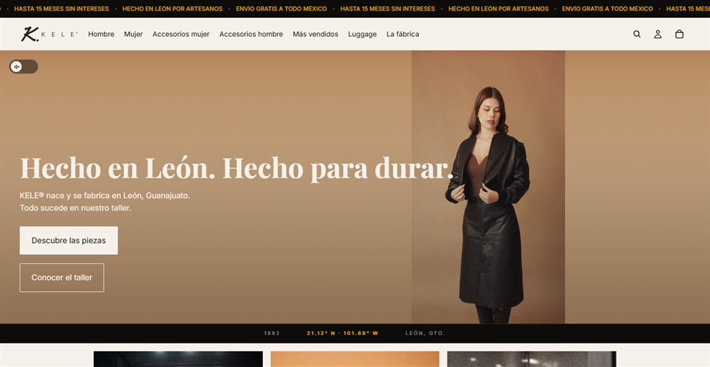 Sitio de KELE: tienda en línea de chamarras, bolsas y equipaje de piel hechos en León